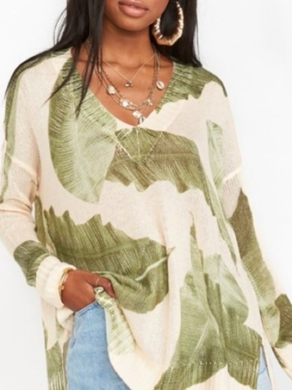 Show Me Your MuMu Cream V-Neck Sweater with Green Leaf Print